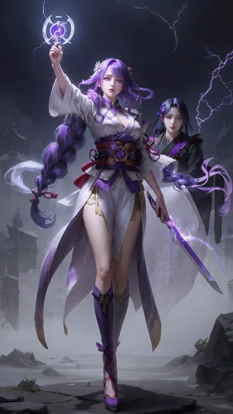 1girl, white hair, purple eyes, glowing eyes, purple kimono, sexy, huge :1.2, holding a sword, electricity, lightning, Artifacts,purple magic, aura, full body,magic circle, braids,very long hair,hair flowe,Off shoulder, Raiden_shogun is pulling a blade fro...