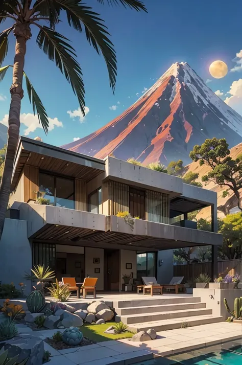 small and beautiful modern house in top of big boulders, terraces, pool, stairs, multiple cacti gardens, palms, trees, rocks, beautiful landscape design, mountains and volcano y background, amazing clouds, sun, moon, planets, milky way galaxy, concrete, wo...