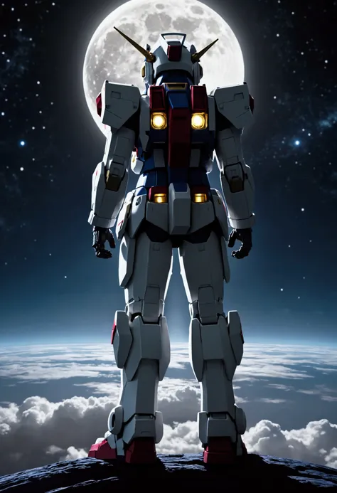 A pilot stands on the shoulder of his Gundam, praying in the moonlight, space scene, moonlit confession