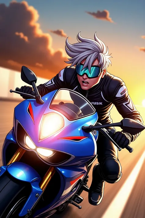 A thrilling shot captures a bold male biker, sans helmet, as he takes the Kawasaki R6 to its limits on a sun-kissed racetrack at sunset. Inspired by Hiroshi Hondas photorealistic style, the computer-generated image showcases the riders confident pose, wind...