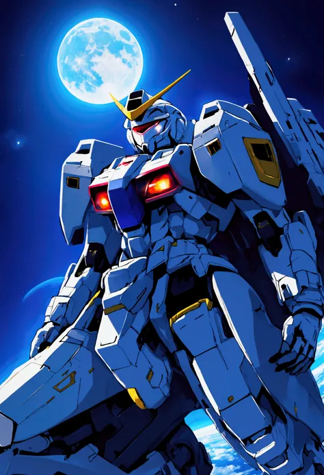 A pilot stands on the shoulder of his Gundam, praying in the moonlight, space scene, moonlit confession