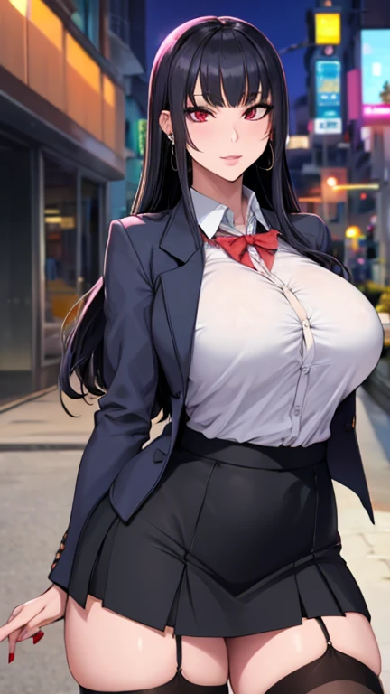 an anime girl dressed in business girl outfit in city night street scene, 1girl, breasts, , red eye, skirt, red nails, jewelry, ...