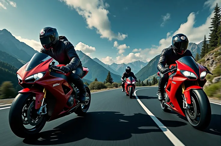 Three R6 riders streak across the winding asphalt, their sleek motorcycles leaving trails of smoke as they hurtle towards the rugged mountain range in the distance. The matte painting-style backdrop features towering peaks, lush green forests, and wispy cl...