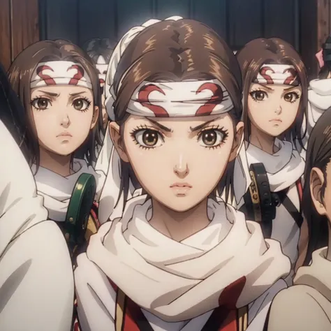 4 girls  Mikoto Misaka character face standing together group photo  brown hair brown eyes bandana on forehead  
