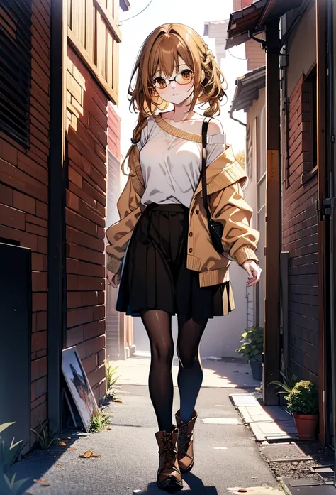 a sun ayuuki, a sun a yuuki, Brown Hair, (Brown eyes:1.8),smile,blush,Long braids,Black-rimmed glasses,Red one-shoulder sweater,Long skirt,Black pantyhose,short boots,Daytime,Clear skies,Walking,whole bodyがイラストに入るように,
break outdoors, Building district,
bre...