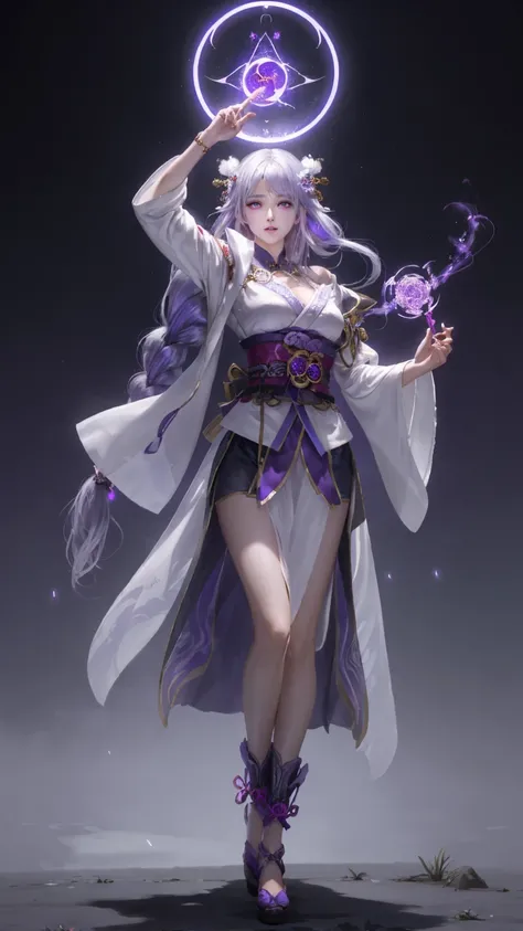 1girl, (((white hair))), purple eyes, glowing eyes, purple kimono, sexy, huge :1.2, holding a sword, simple background, purple magic, aura, full body,magic circle, braids,very long hair,hair flowe,Off shoulder, Raiden_shogun is pulling a blade from her che...