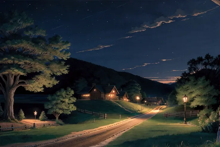 Rural Scenery、Ghibli style、night、