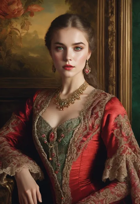 (highres,masterpiece:1.2),(realistic:1.37)A portrait of a Russian vampire girl in the 18th century with unparalleled beauty. She has mesmerizing green eyes and delicate rosy lips. The portrait is meticulously detailed, capturing every subtle nuance of her ...