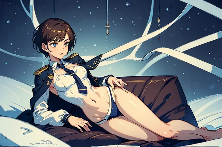 masterpiece,(Perfect Anatomy:1.5), highest quality, a lady , slender, leggy, Seductive, short hair, brown hair, (wear a white long sleeved shirt, tie, navy officer winter jacket:1.5), white bikini panties , barefoot, Perfect hands, Perfect body, reclining,...