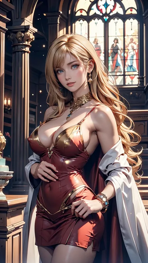 Dark Souls, Dim Light, Old Church, Mature Woman, slim, expensive, Long blonde curly hair, Long black cape, Red leotard with long skirt(High leg), Long skirt with diamonds, Gold bracelet, 8k, Official Style, European aristocracy, Sexy proportions、Narrow wai...