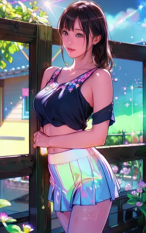 Front facing, facing this way、
Gal&#39;s more beautiful smile、
More cute casual summer outfits、Cute mini skirt、
More beautiful thighore beautiful colorful pantyhose、
Beautiful dark clouds, (Cowboy Shot:1.4), Beautiful and realistic, 
Beautiful masterpiece,...