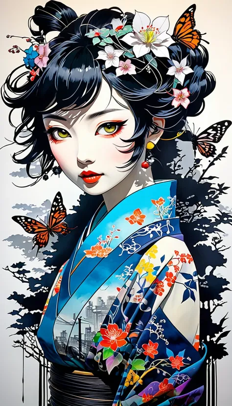 fusion of watercolors and oil paintings, fusion of paper cutting and shadow puppetry, mix of Japanese painting, ukiyo-e and woodblock prints, mix of monochrome and color, city where everything is made of machines, transparent, clear neon color, precision i...