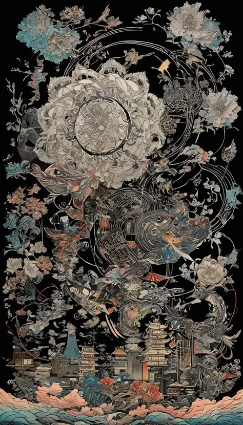 fusion of watercolors and oil paintings, fusion of paper cutting and shadow puppetry, mix of japanese painting, ukiyo-e and wood...