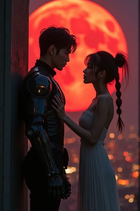 masterpiece, Highest image quality, photo realistic, Raw photo, full body photo, (night, giant red Moon in the sky :1.4, Japaneses, in future Japan , young man and beautiful woman, man talk to woman under the building, man and woman facing each other, man ...