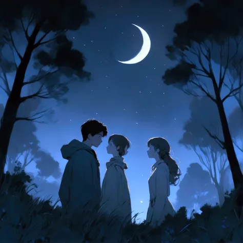 1 Girl, 1 boy, Face to Face, HILL, forest, moon, night, contour, Fingers crossed, better one