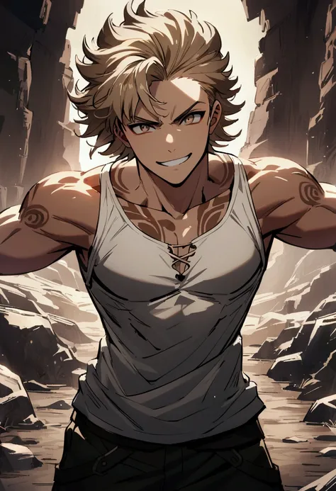 teenage boy, hair combed up, medium length hair, multicolored black and light brown hair, Light brown eyes, confident grin, brown tattoos on the body, chest and muscular arms, ripped casual white shirt, stone aura 