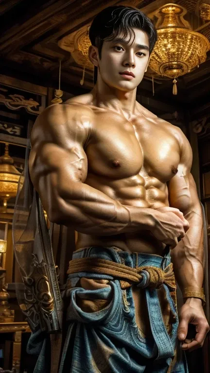 disconsolate，Ambient，artistic conception，large scene，The wind blew up the white curtains，Dattain lamps，Diffuse light，chest muscle，Shirtless, stubbles, Sideburns, musculature, Strong handsome korean  guy，handsome men god , multiple hands holding some weapon...