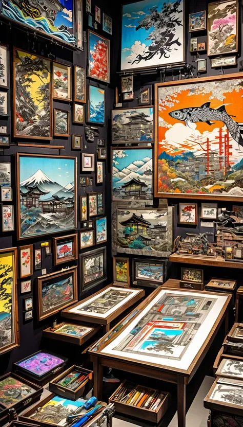 fusion of watercolors and oil paintings, fusion of paper cutting and shadow puppetry, mix of Japanese painting, ukiyo-e and woodblock prints, mix of monochrome and color, city where everything is made of machines, transparent, clear neon color, precision i...