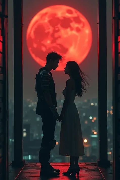 masterpiece, Highest image quality, photo realistic, Raw photo, full body photo, (night, giant red Moon in the sky :1.4, Japaneses, in future Japan , young man and beautiful woman, man talk to woman under the building, man and woman facing each other, man ...