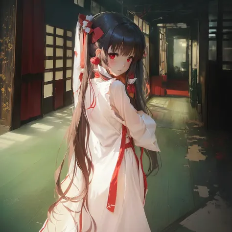 Anime girl with long hair and red dress standing in a hallway, Artistic rendering of Reimu Hakurei, Gwaiz, Reimu Hakurei, by Shimo, Enchanting anime girl, Burning, Smooth anime CG art, Gwaiz on pixiv artstation, Pixiv 3DCG, Singey, pixiv Contest Winner