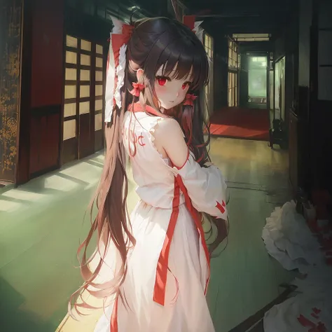 Anime girl with long hair and red dress standing in a hallway, Artistic rendering of Reimu Hakurei, Gwaiz, Reimu Hakurei, by Shimo, Enchanting anime girl, Burning, Smooth anime CG art, Gwaiz on pixiv artstation, Pixiv 3DCG, Singey, pixiv Contest Winner