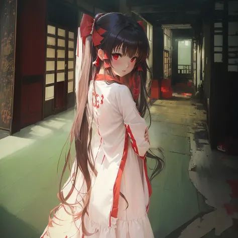 Anime girl with long hair and red dress standing in a hallway, Artistic rendering of Reimu Hakurei, Gwaiz, Reimu Hakurei, by Shimo, Enchanting anime girl, Burning, Smooth anime CG art, Gwaiz on pixiv artstation, Pixiv 3DCG, Singey, pixiv Contest Winner