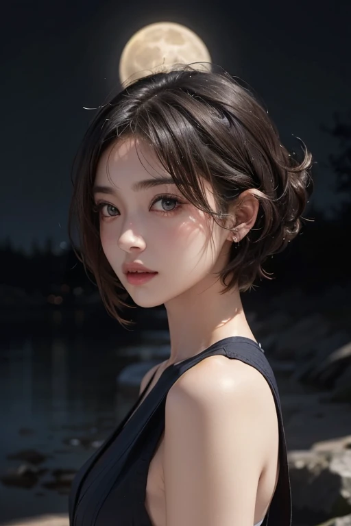 20 year old Japanese woman, Black Hair, (High Top Fade:1.3), Dark Theme, Calm tone, Calm colors, High Contrast, (Natural skin texture, Hyperrealism, Soft Light, sharp), Night Sky, full moon