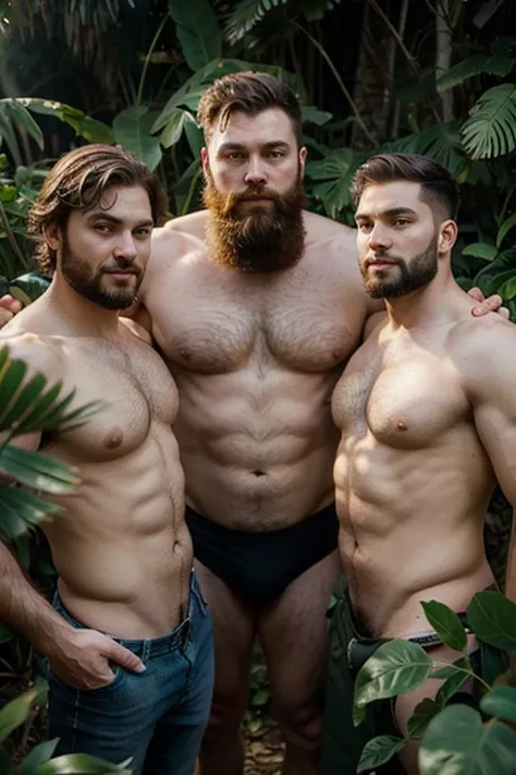 Young cute beautiful skinny gay with three big bearded man in the jungle