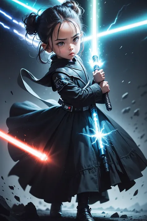 kid jedi de star wars com darth vader do lado , cute cute , detailded , lindamente detailded, swirly vibrant colors, epic battle scene, intense lightsaber duel, dynamically possessed, glowing lightsabers, sci-fi atmosphere, dramatic lighting, painted with ...