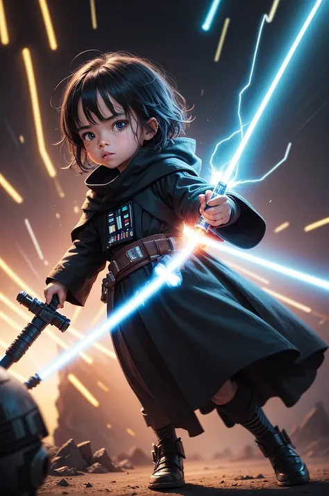 kid jedi de star wars com darth vader do lado , cute cute , detailded , lindamente detailded, swirly vibrant colors, epic battle scene, intense lightsaber duel, dynamically possessed, glowing lightsabers, sci-fi atmosphere, dramatic lighting, painted with ...