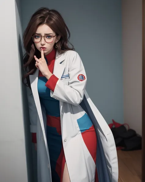 1 girl, android 21, dragon ball fighter Z, masterpiece, 4k, realistic, long whavy brown hair, shining blue eyes, freckles, square glasses, labcoat, chess patterned dress, blue and red patterned dress, worried eyes, annoyed, finger on mouth, shushing viewer...