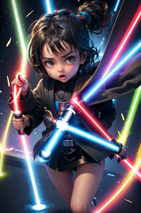 kid jedi de star wars com darth vader do lado , cute cute , detailded , lindamente detailded, swirly vibrant colors, epic battle scene, intense lightsaber duel, dynamically possessed, glowing lightsabers, sci-fi atmosphere, dramatic lighting, painted with ...