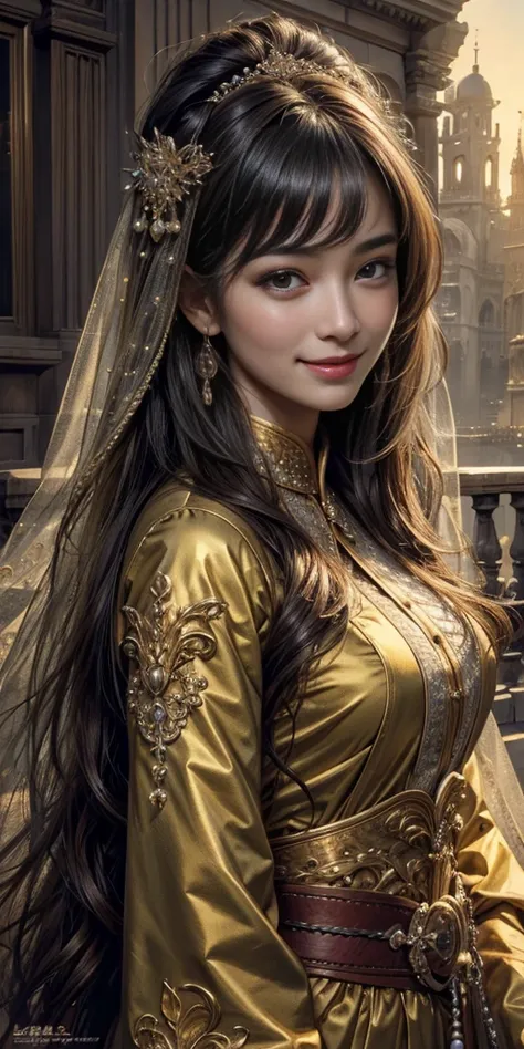 (master piece, top quality, High resolution), (hyper realistic:1.2)、detailed face、beautiful expression、shy smile、 (((women&#39;s armor))), (((Armor Dress Set))), (she has long black hair, cowboy shot、thin waist、navel、between legs、 bewitching、sexy mature wo...