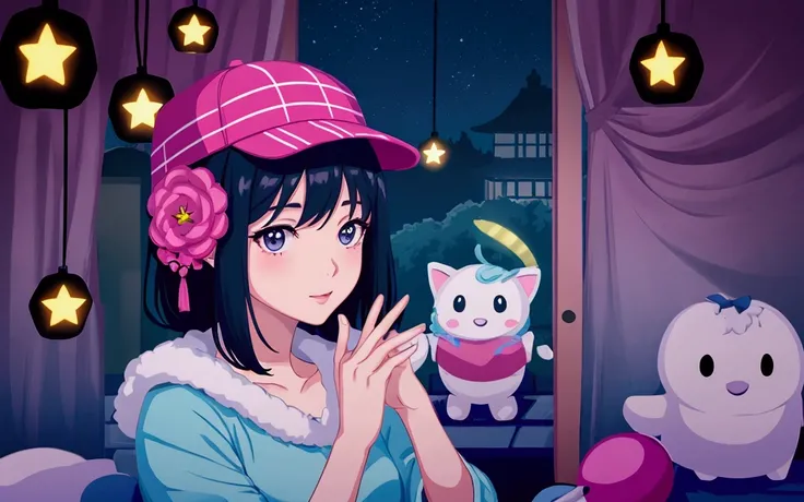 Create a scene of a 16-year-old shy girl playing at an arcade,A lonely look,citypop, Short black hair,Wearing a baseball cap , and through the window you can see fireflies and a beautiful landscape full of stars 夜に, Characters with detailed faces, hands an...