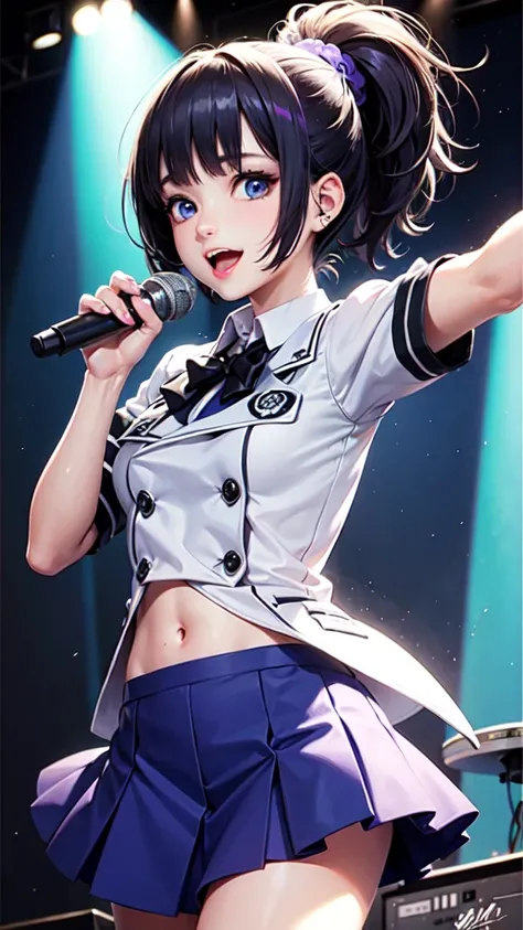 Blue-purple short bob high school girl、Blue eyes、live、Stage Costumes、Jacket、karaoke、Spotlight、microphone、Dance with excitement