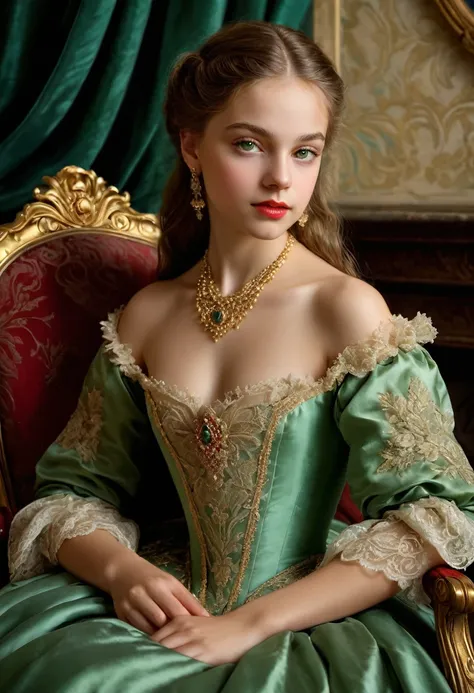 (highres,masterpiece:1.2),(realistic:1.37)A portrait oil painting!!!!!!!! by sargent!!!!!!! of a Russian vampire  12 year old girl in the 18th century with unparalleled beauty. She has mesmerizing green eyes and delicate rosy lips. (extremely beautiful!!!!...