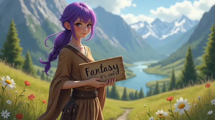 A beautiful girl with purple hair in a torn brown tunic holds a sign in her hands with the inscription "Fantasy its cool",  Fantasy landscape with meadows hills mountains forest and river and photorealistic clear texture, girl looks at the camera and waves...