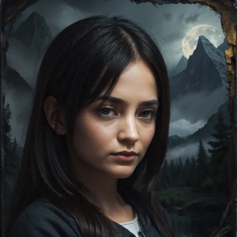 ultra-realistic, realistic portrait painting),(hint b:beautiful and dreamy landscape painting),(подсказка c:dark and gloomy abst...