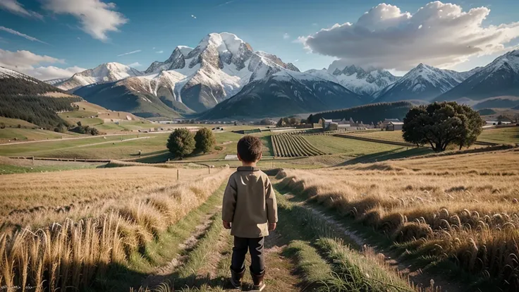 In the vast barley fields，The protagonist is a little boy with a buzz cut，Standing in the barley field and looking into the distance，The background is a towering snow-capped mountain，There are temples on the snowy mountains，Miyazaki style