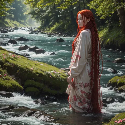 A young woman with long red hair, vuluptuous body wet and covered in clothing made of fibers and flowers, who is braiding her hair by the river.