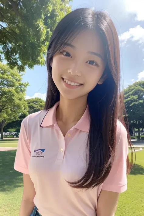 Female college student, Japanese, 19 years old, straight hair, smiling, light pink polo shirt, white shorts, daytime park