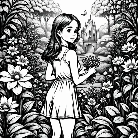 clean black and white coloring book page of l young girl in beautiful garden picking flowers, black and white, outlines only,  l...