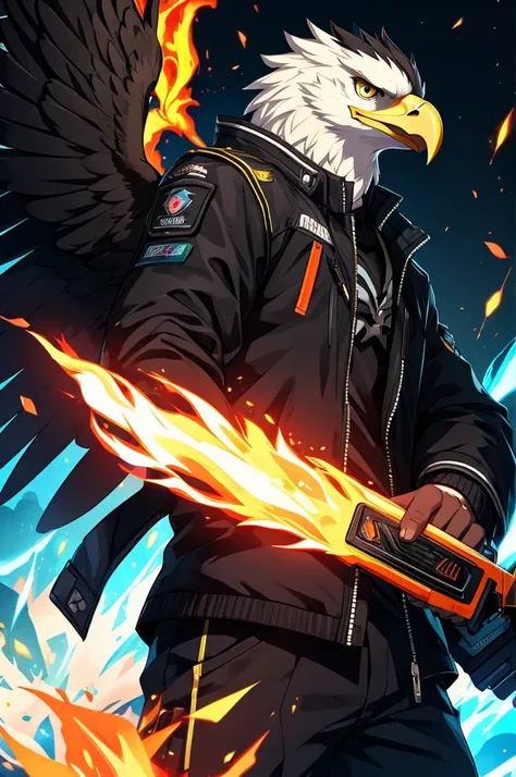 offcial art, Unity 8k papel de parede, ultra detaild, bonitas, Eagle man with anthropomorphic aura of fire ,neon eagle mask, with black jacket, with an angry face,Bblack hair ,fluffly, cute, shorty, kawaii, drawning 