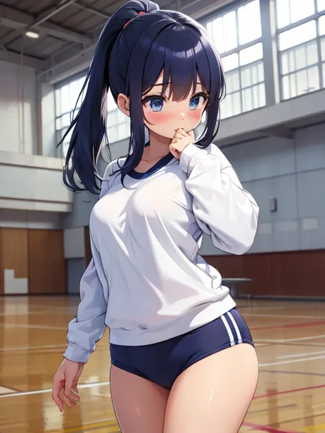 shy voluptuous girl, undersized blue buruma, school gym, other students, ashamed, wet, folded ponytail