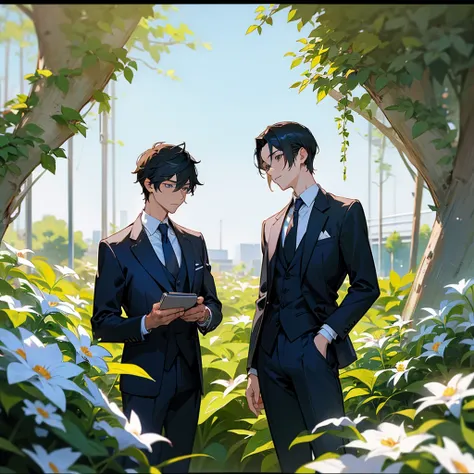 Two male office workers in suits in a flower-filled garden