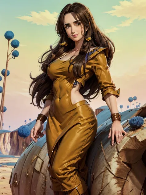 8k, best quality, animated, victoria villarruel dressed as goku, long dark brown hair, thin figure with wide hips, warm and smil...