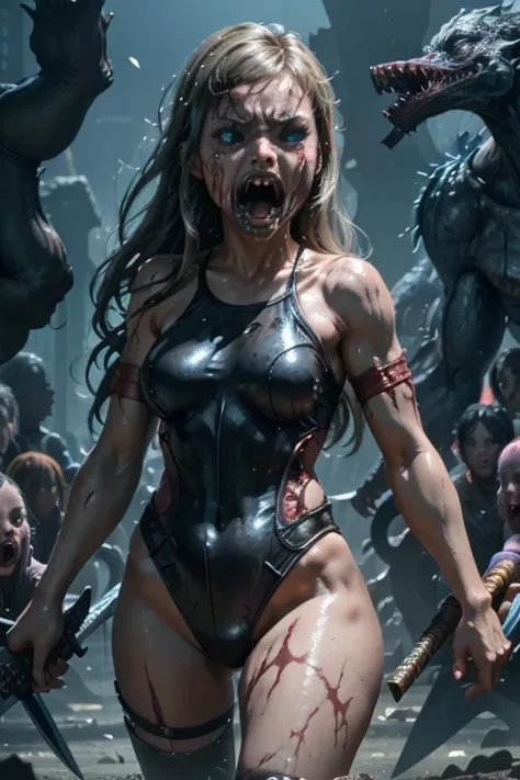 a bit, Warrior Girl, Black high leg swimsuit, sword,armor、Quiet、Scared girl、shout、Convulsing with fear、Girl being attacked by a monster、Girl caught by monster、be killed、There are a lot of monsters in the background、Girl surrounded by monsters、Solo