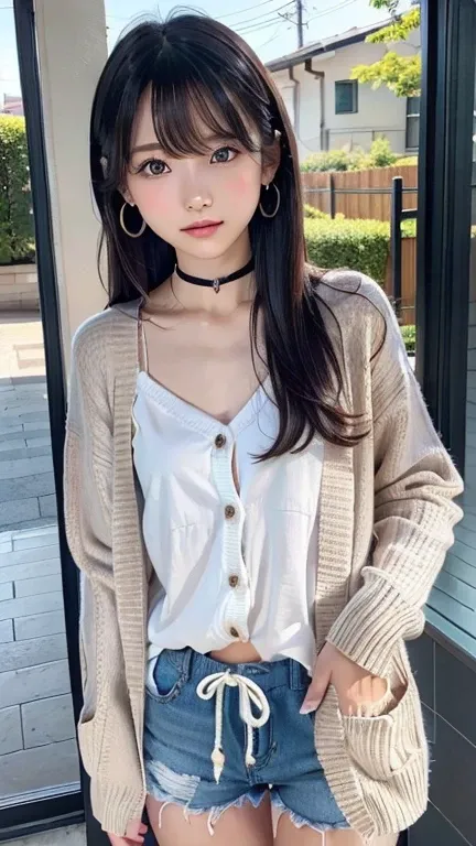 ((Open Front Cardigan、Drawstring Cami、Pintuck shorts))beautiful, calm and bright look、Refreshing look、完璧なbeautifulcute顔、Very bright、Long bangs between the eyes、Long black hair straight hair、とてもcute、beautifully、Young little woman、非常に完璧なbeautifulcute顔、、Real1...