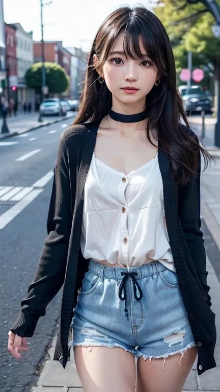 ((Open Front Cardigan、Drawstring Cami、Pintuck shorts))beautiful, calm and bright look、Refreshing look、完璧なbeautifulcute顔、Very bright、Long bangs between the eyes、Long black hair straight hair、とてもcute、beautifully、Young little woman、非常に完璧なbeautifulcute顔、、Real1...