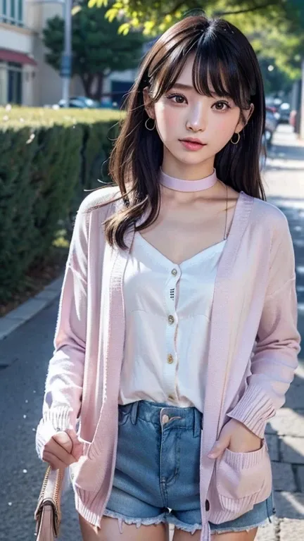 ((Open Front Cardigan、Drawstring Cami、Pintuck shorts))beautiful, calm and bright look、Refreshing look、完璧なbeautifulcute顔、Very bright、Long bangs between the eyes、Long black hair straight hair、とてもcute、beautifully、Young little woman、非常に完璧なbeautifulcute顔、、Real1...